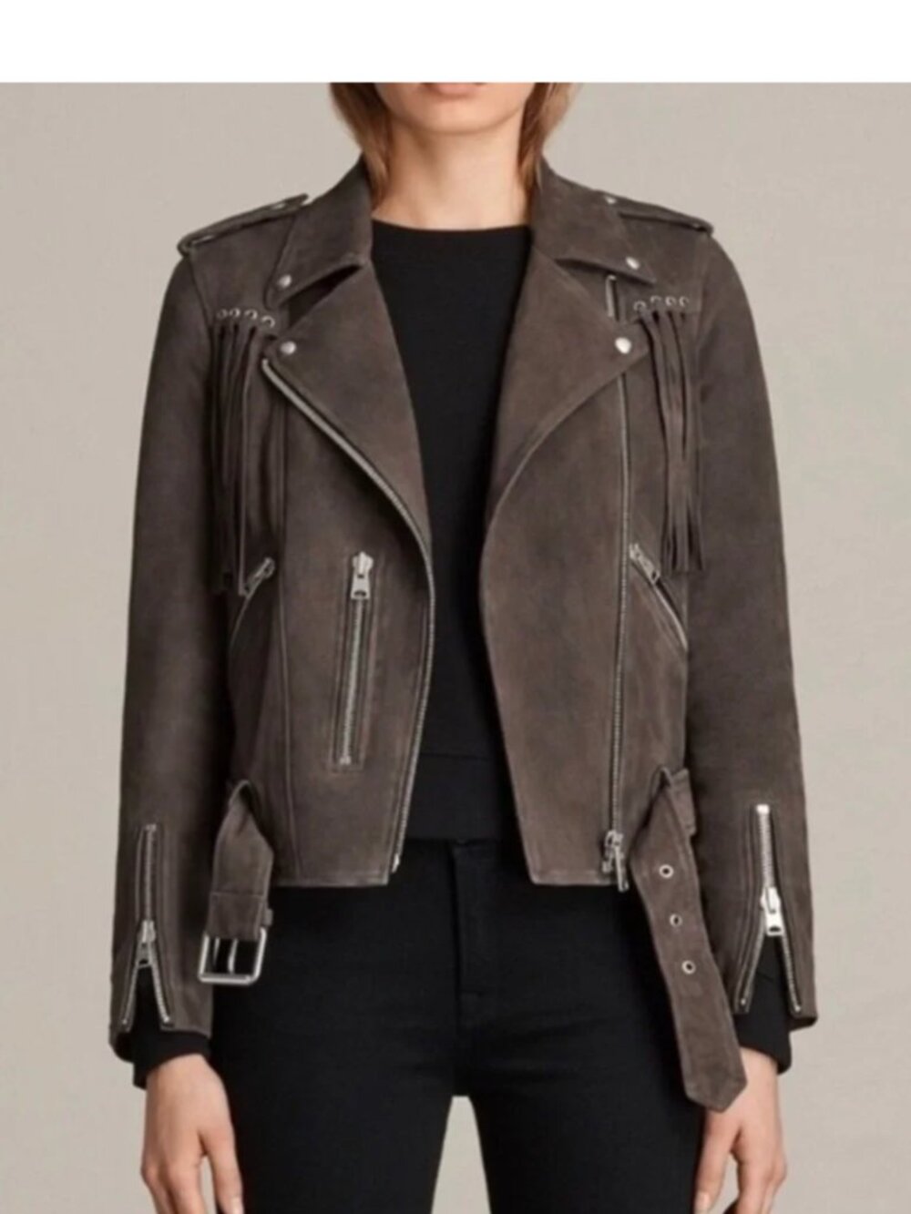 All Saints Balfern Tassel Suede Biker Leather Jacket Size 4